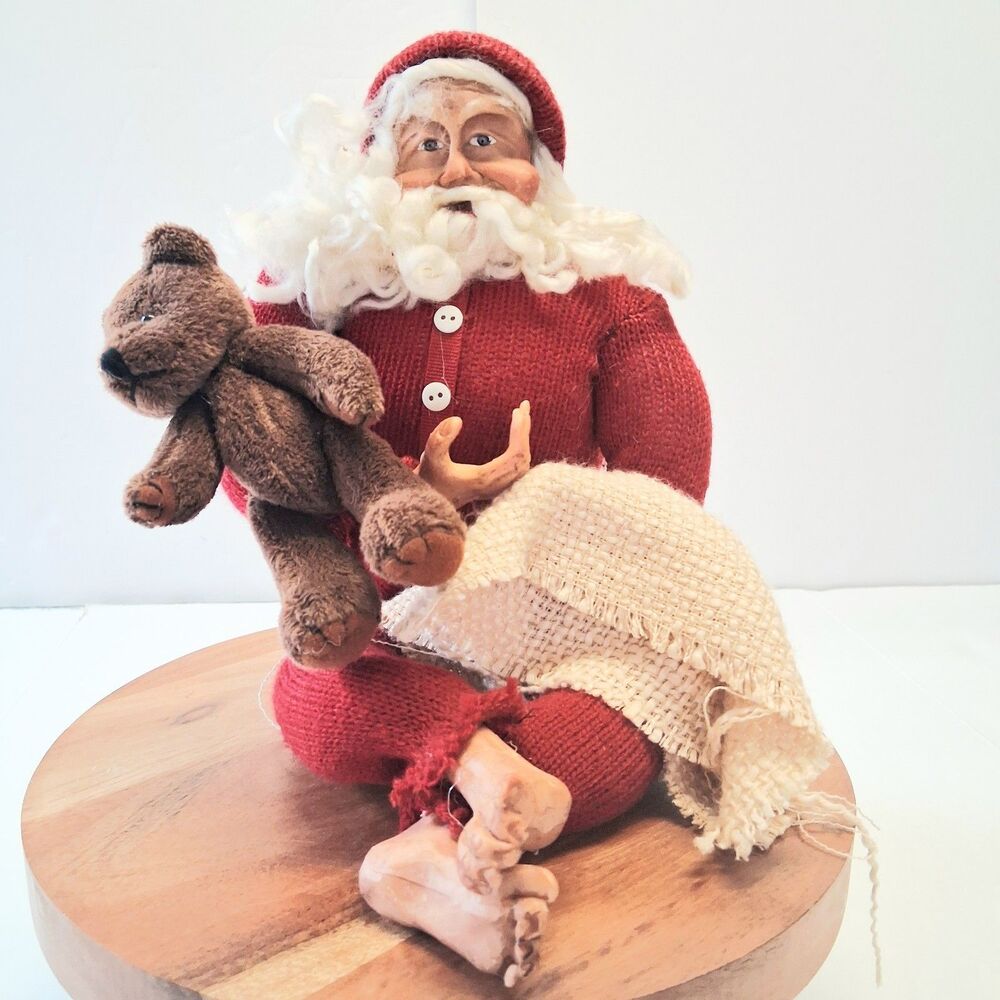 Vintage Sleepy Santa Doll Teddy Bear Primative Christmas Folk Art Decor 9 In
